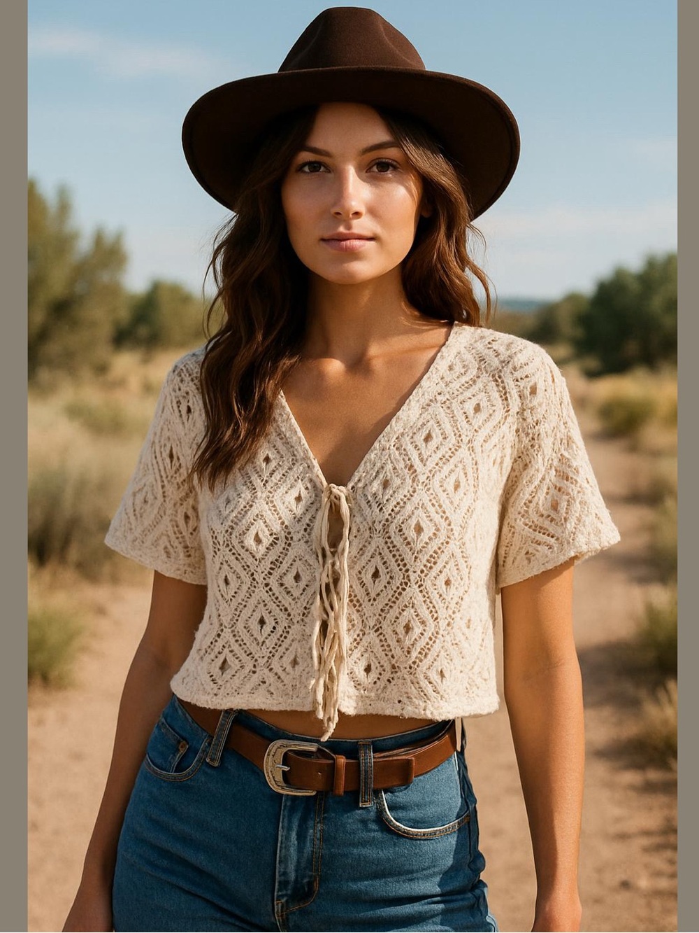 Future collection Women’s Cream Crochet Front Tie Size XL Boho Western Festival